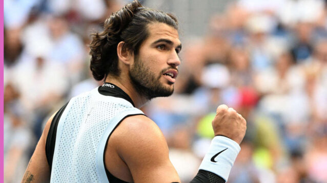 Pictured: Carlos Alcaraz reacts during a match