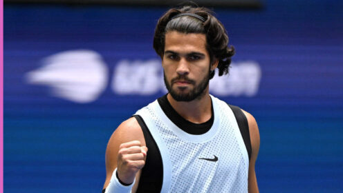 Pictured: Carlos Alcaraz reacts during his match