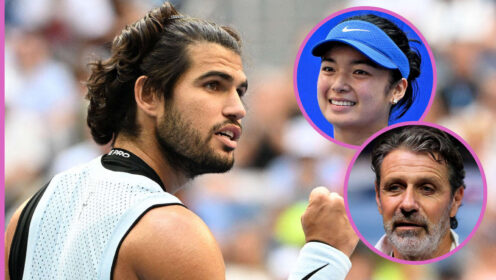 Pictured: Carlos Alcaraz with insets of Alex Eala and Patrick Mouratoglou
