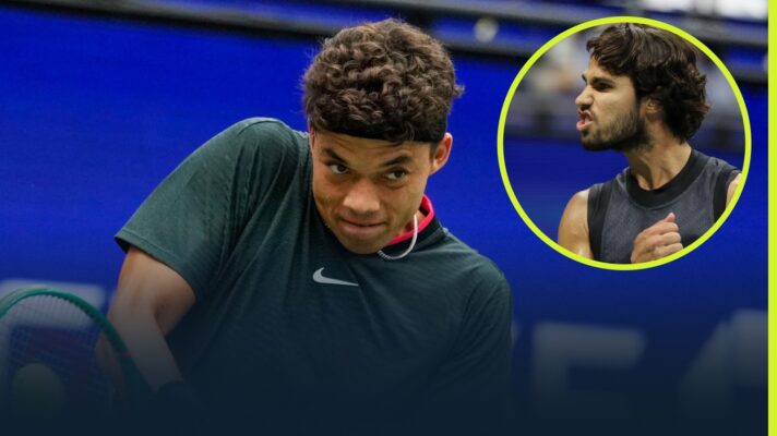 Darwin Blanch during his 2026 US Open first round match against Taylor Fritz with an inset of Carlos Alcaraz.