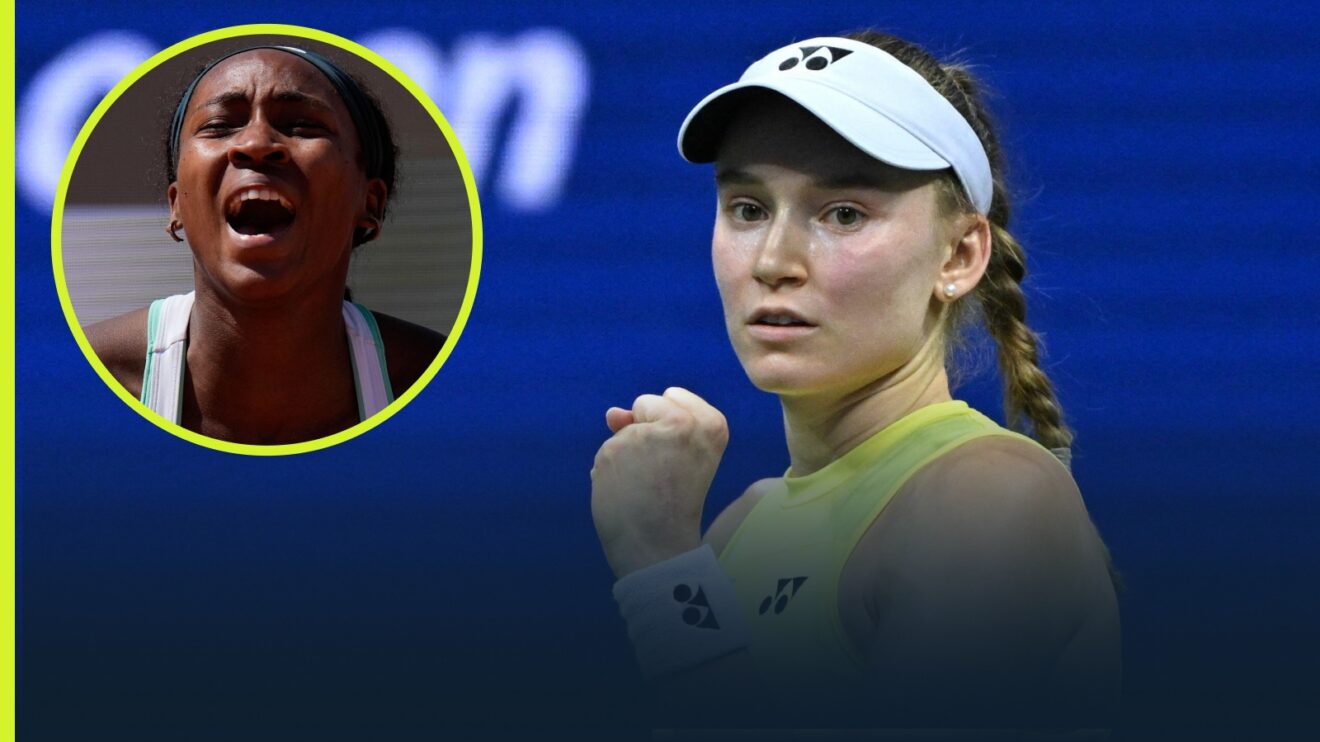 Elena Rybakina at the 2026 US Open with an inset of Coco Gauff.