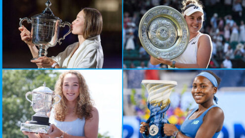 Pictured: Elena Rybakina, Linda Noskova, Mirra Andreeva and Coco Gauff