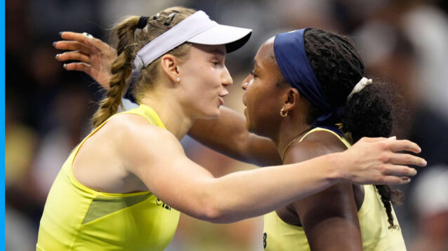 Pictured: Elena Rybakina and Coco Gauff hug after their match