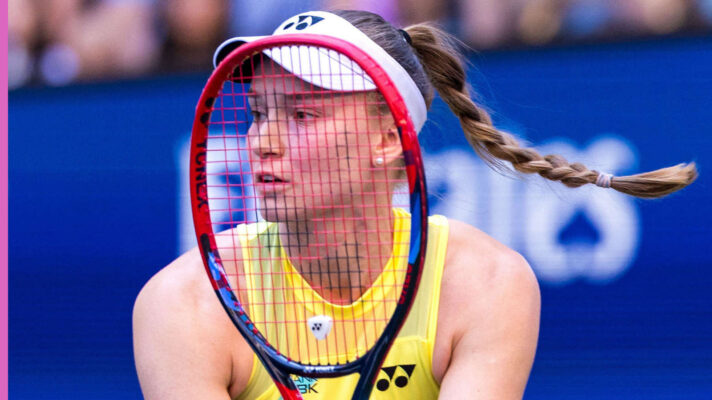 Pictured: Elena Rybakina plays a shot during her match
