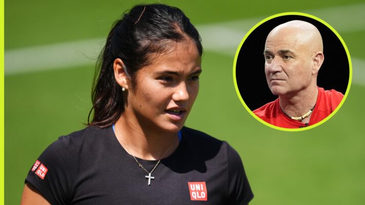 Emma Raducau at Wimbledon with an inset of Andre Agassi