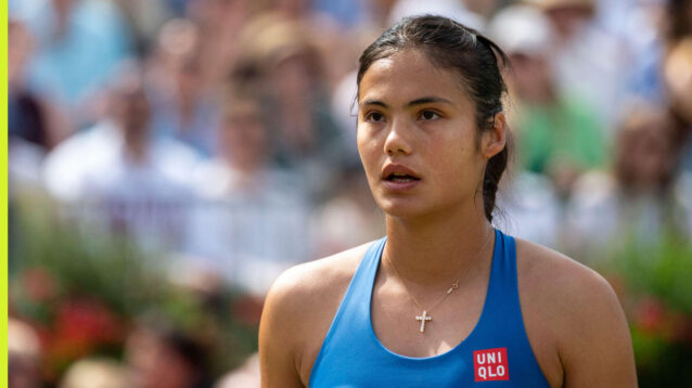 Pictured: Emma Raducanu reacts during a match