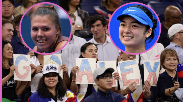 Pictured: Filipino fans with inset of Alex Eala and Oleksandra Oliynykova