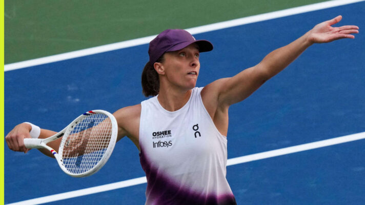 Pictured: Iga Swiatek serves during her match