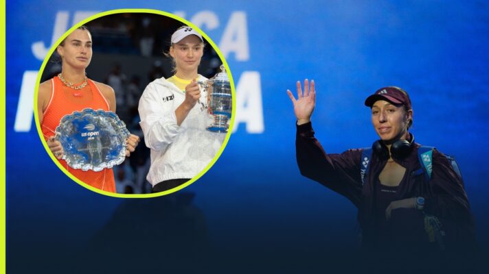 Jessica Pegula at the 2026 US Open with an inset of Aryna Sabalenka and Elena Rybakina.