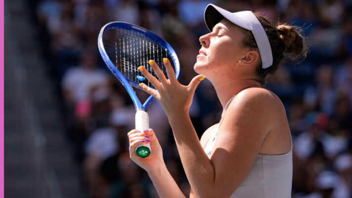 Pictured: Linda Noskova frustrated during her match
