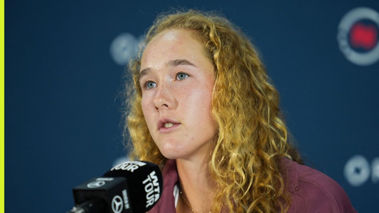 Mirra Andreeva attends a press conference