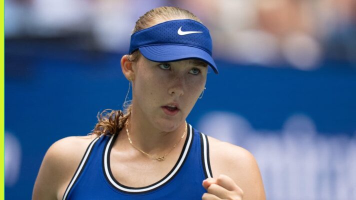 Mirra Andreeva reacts during her match at the US Open