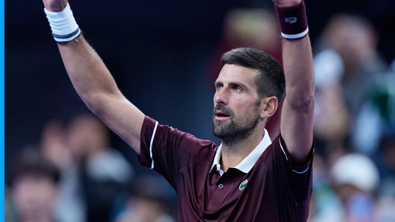 Novak Djokovic celebrating his victory against Nuno Borges at the 2026 China Open.