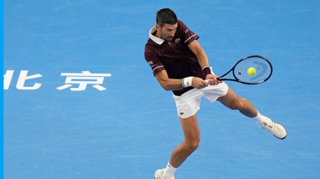 Novak Djokovic hitting a backhand against Nuno Borges at the 2026 China Open.