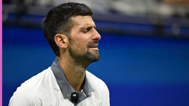 Pictured: Novak Djokovic is overcome by emotion during his match