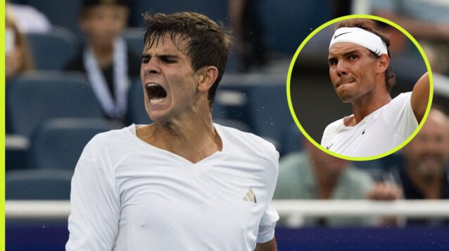 Rafael Jodar at the 2026 Cincinnati Open with an inset of Rafael Nadal.