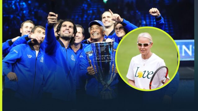 Team Europe celebrating their 2026 Laver Cup win with an inset of Rennae Stubbs.