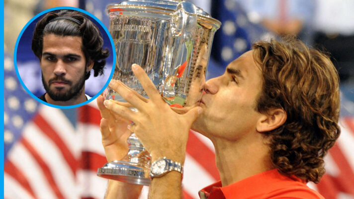 Pictured: Roger Federer with US Open trophy and an inset of Carlos Alcaraz