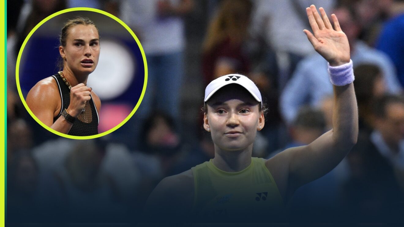 Elena Rybakina at the 2026 US Open with an inset of Aryna Sabalenka.