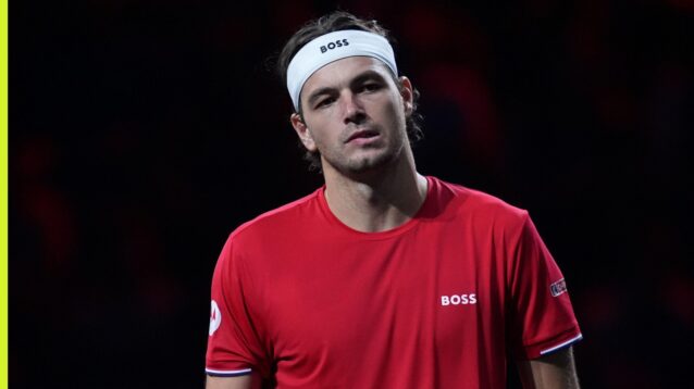 Taylor Fritz during his 2026 Laver Cup match against Carlos Alcaraz.