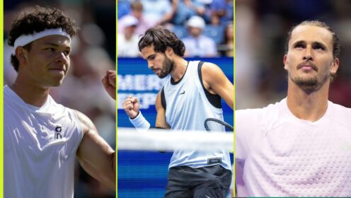 L-R: Ben Shelton, Carlos Alcaraz, and Alexander Zverev.