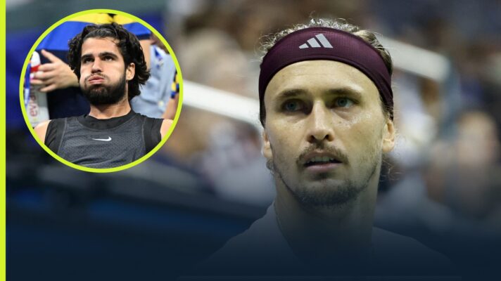 Alexander Zverev at the 2026 US Open with an inset of Carlos Alcaraz.