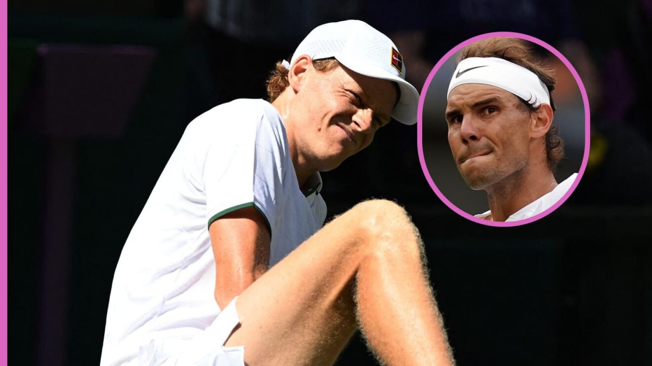 Pictured: Jannik Sinner grimaces, with Rafael Nadal (inset)