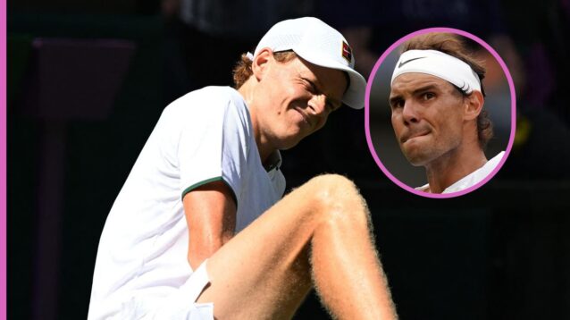 Pictured: Jannik Sinner grimaces, with Rafael Nadal (inset)