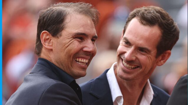 Pictured: A smiling Rafael Nadal and Andy Murray