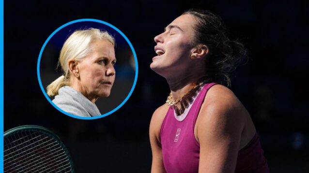 Pictured: Rennae Stubbs (inset), next to a crestfallen Aryna Sabalenka