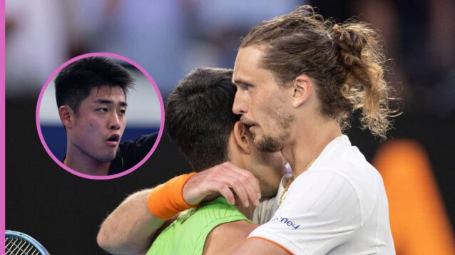 Pictured: Alexander Zverev hugs Carlos Alcaraz, with Wu Yibing (inset)