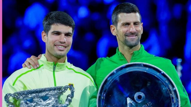 Pictured: Carlos Alcaraz and Novak Djokovic with their Australian Open trophies