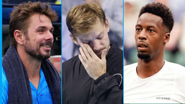 Pictured: Stan Wawrinka smiles, David Goffin cries, and Gael Monfils looks on