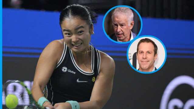 Pictured: Alex Eala in action, with insets of John McEnroe and Greg Rusedski