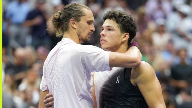 Pictured: Alexander Zverev hugs Ben Shelton at the US Open