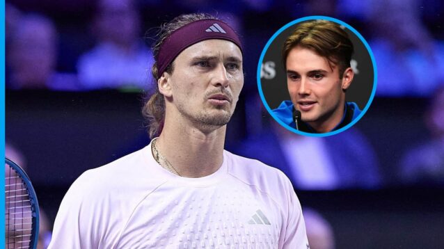 Pictured: Alexander Zverev looks bemused, with a smiling Arthur Fery (inset)