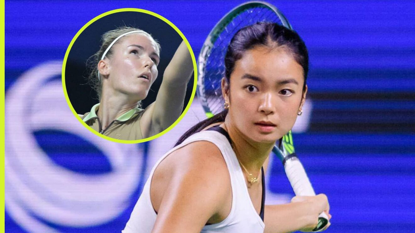 Pictured: Alex Eala hits a forehand, with Tatiana Prozorova (inset)