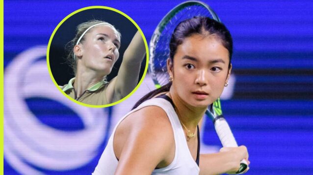 Pictured: Alex Eala hits a forehand, with Tatiana Prozorova (inset)