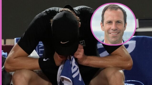 Pictured: A hunched over Jannik Sinner, with Greg Rusedski (inset)