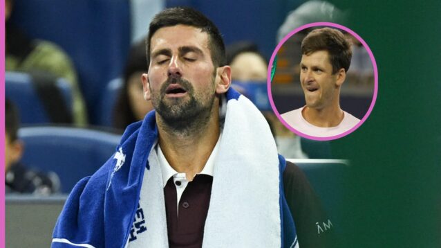 Pictured: A tired-looking Novak Djokovic, with a smiling Hubert Hurkacz (inset)