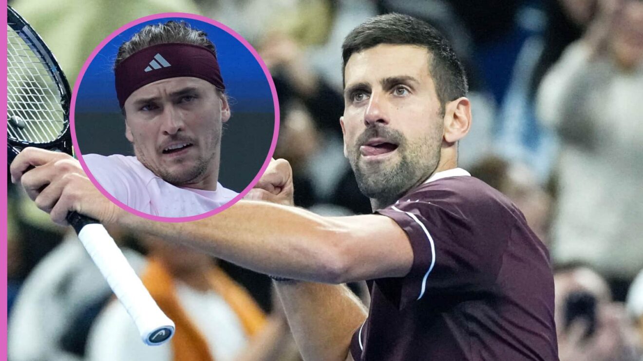 Pictured: Novak Djokovic celebrates in front of the Beijing Open crowd, with Alexander Zverev (inset)