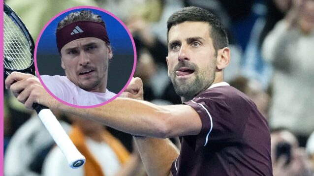 Pictured: Novak Djokovic celebrates in front of the Beijing Open crowd, with Alexander Zverev (inset)