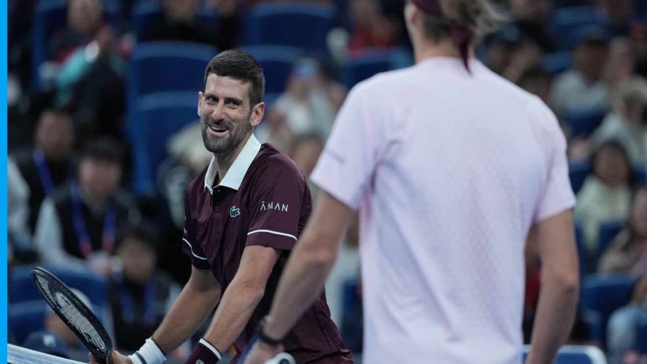 Pictured: Novak Djokovic has a wry smile in the direction of Alexander Zverev at the China Open