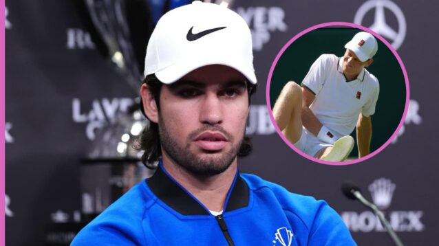 Pictured: Carlos Alcaraz at the Laver Cup, as Jannik Sinner slips at Wimbledon