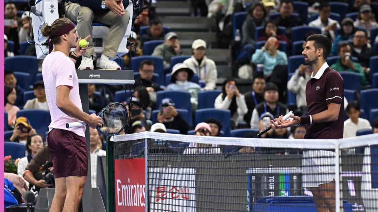 Pictured: Alexander Zverev and Novak Djokovic at the China Open