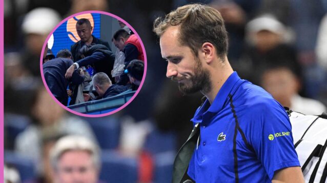 Pictured: A dejected Daniil Medvedev and the injured fan he hit with a tennis ball (inset)