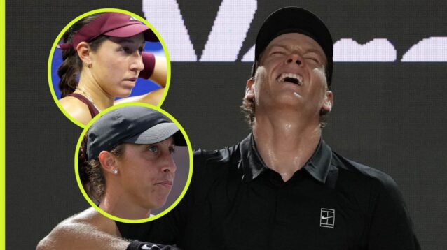 Pictured: Jannik Sinner grimaces, with Jessica Pegula and Madison Keys (inset)
