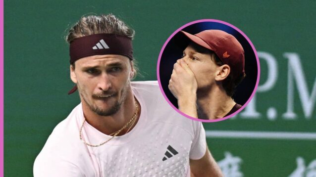 Pictured: Alexander Zverev in action at the Shanghai Open, with Jannik Sinner covering his face (inset)