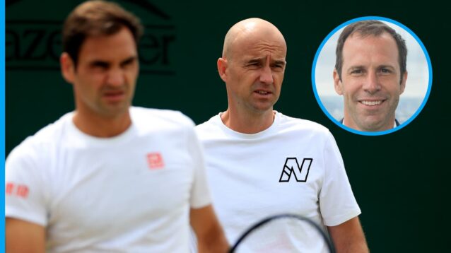 Pictured: Roger Federer, Ivan Ljubicic and Greg Rusedski (inset)