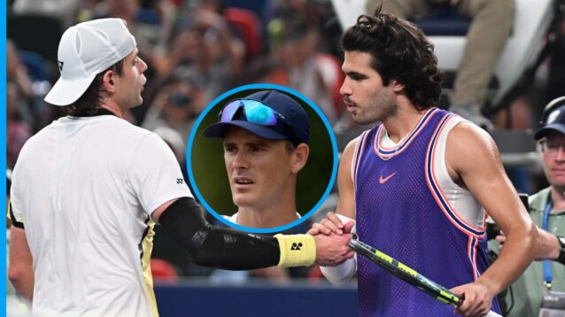 Pictured: Zizou Bergs shakes hands with Carlos Alcaraz, with Jamie Murray (inset)